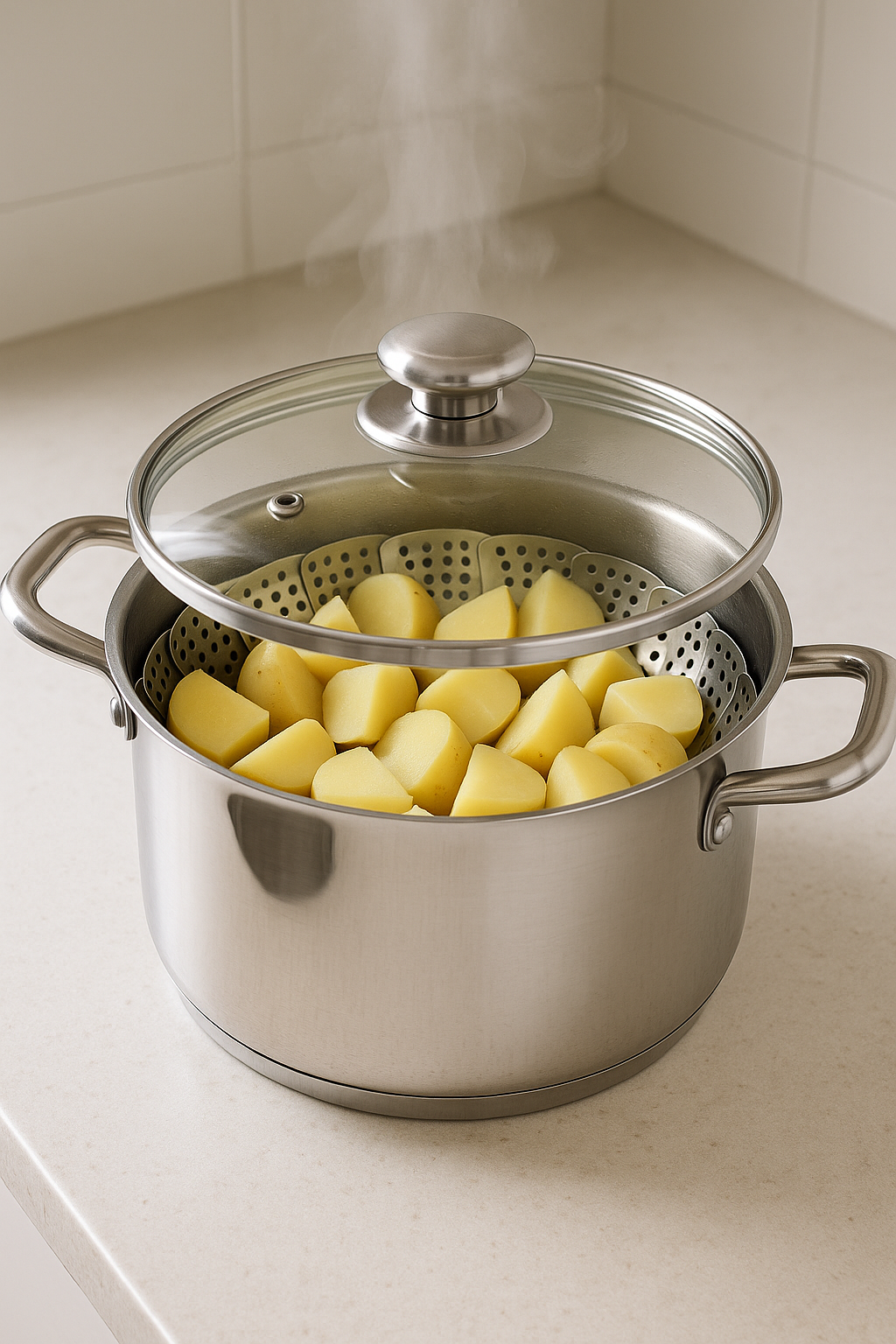 steaming potatoes on a stainless steel pot